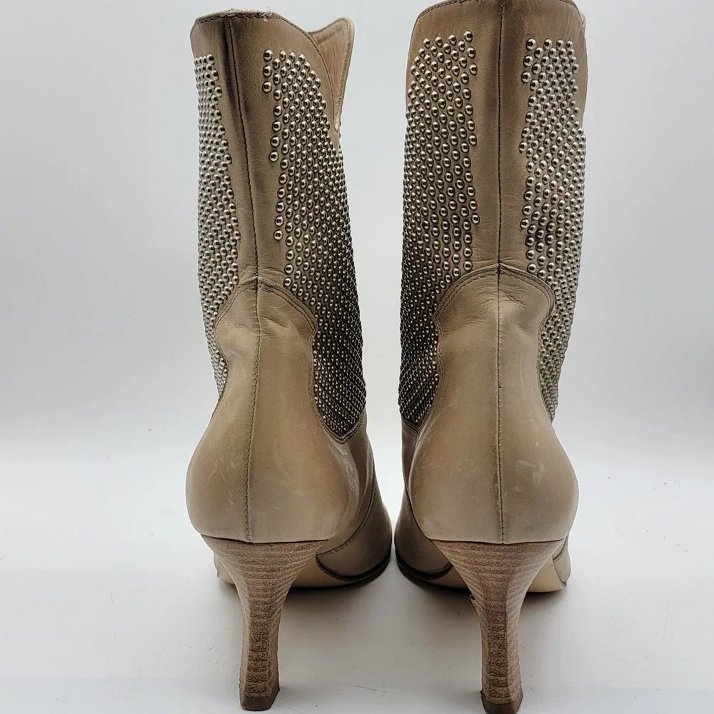 Aquatalia‎ Marvin K Beige Leather Studded Peep Toe Ankle Boots Made in Italy 8